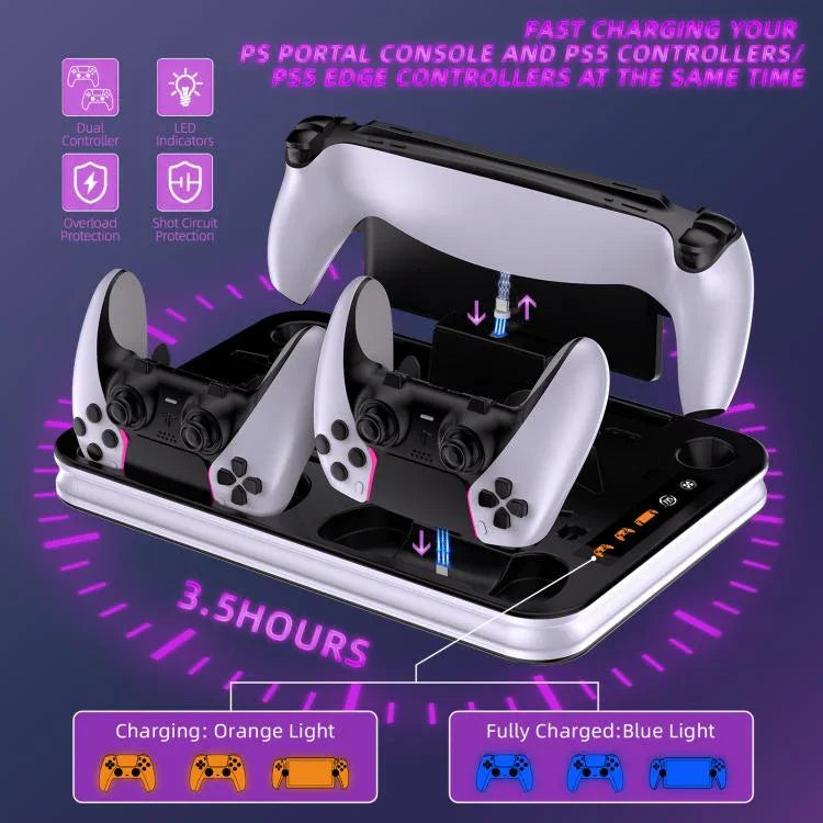 محطة عرض شحن JYS لأجهزة PS5/PS5 Slim/PS Portal مع قاعدة شحن مزدوجة لوحدات التحكم ومروحة تبريد وعلاقة سماعات رأس