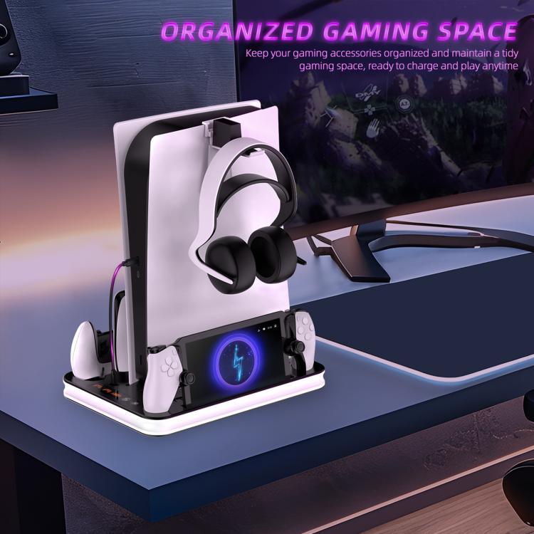 محطة عرض شحن JYS لأجهزة PS5/PS5 Slim/PS Portal مع قاعدة شحن مزدوجة لوحدات التحكم ومروحة تبريد وعلاقة سماعات رأس