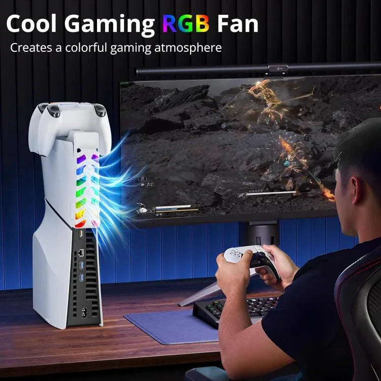 محطة شحن 2 في 1 لوحدة تحكم PS5 Slim مع مروحة تبريد وإضاءة RGB
