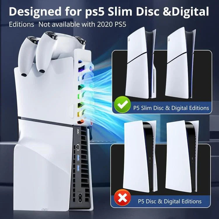 محطة شحن 2 في 1 لوحدة تحكم PS5 Slim مع مروحة تبريد وإضاءة RGB