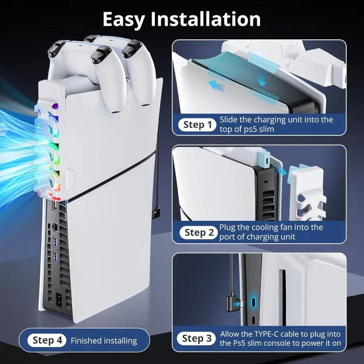 محطة شحن 2 في 1 لوحدة تحكم PS5 Slim مع مروحة تبريد وإضاءة RGB