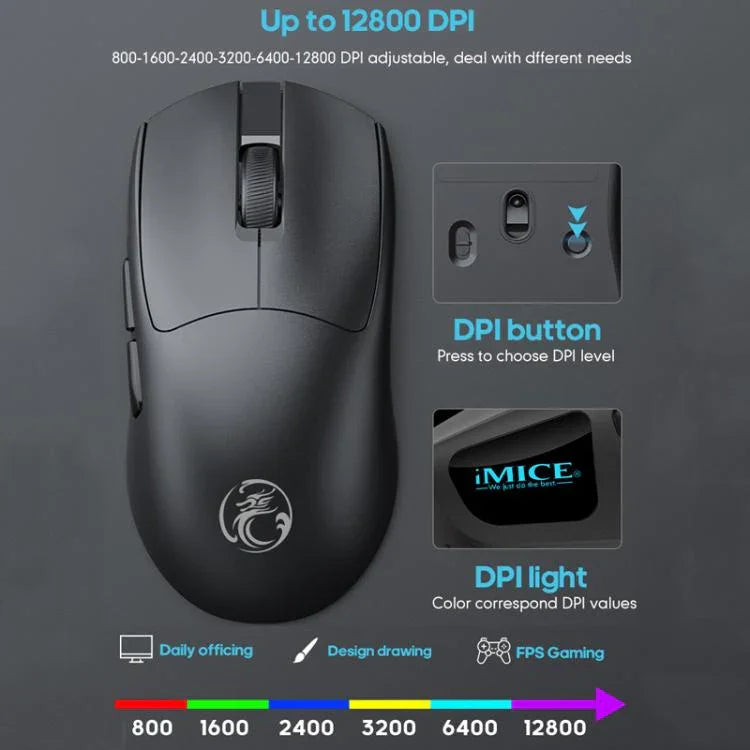 ماوس ألعاب IMICE G900، 6 أزرار، دقة 12800 DPI، ماوس لاسلكي ثلاثي الوضع قابل لإعادة الشحن