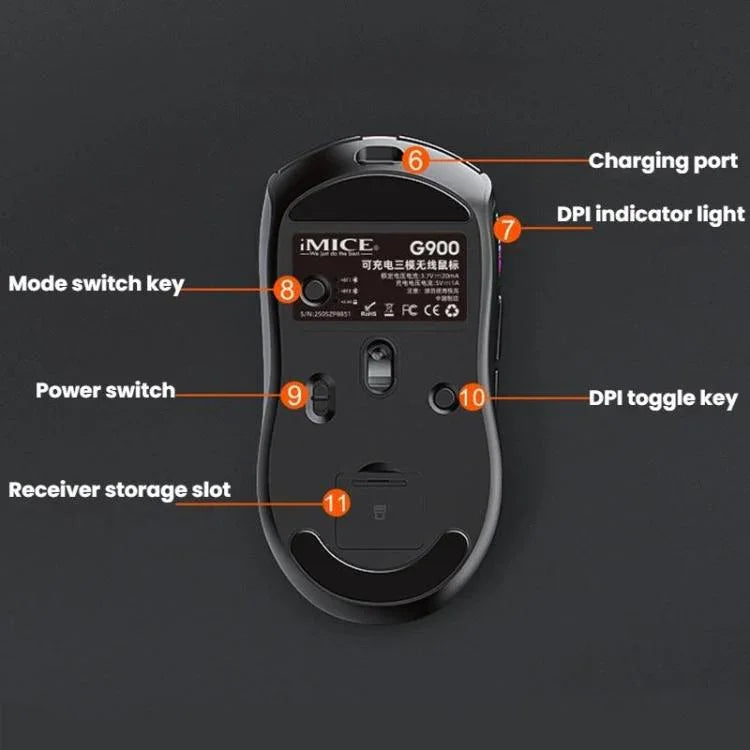 ماوس ألعاب IMICE G900، 6 أزرار، دقة 12800 DPI، ماوس لاسلكي ثلاثي الوضع قابل لإعادة الشحن