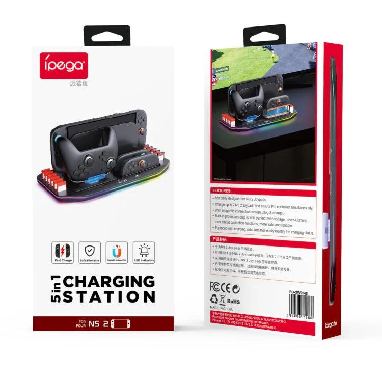 قاعدة شحن ipega لأجهزة Nintendo Switch 2 Joy-Con وPro Controller مع إضاءة RGB وحامل بطاقة الألعاب، PG-SW2048