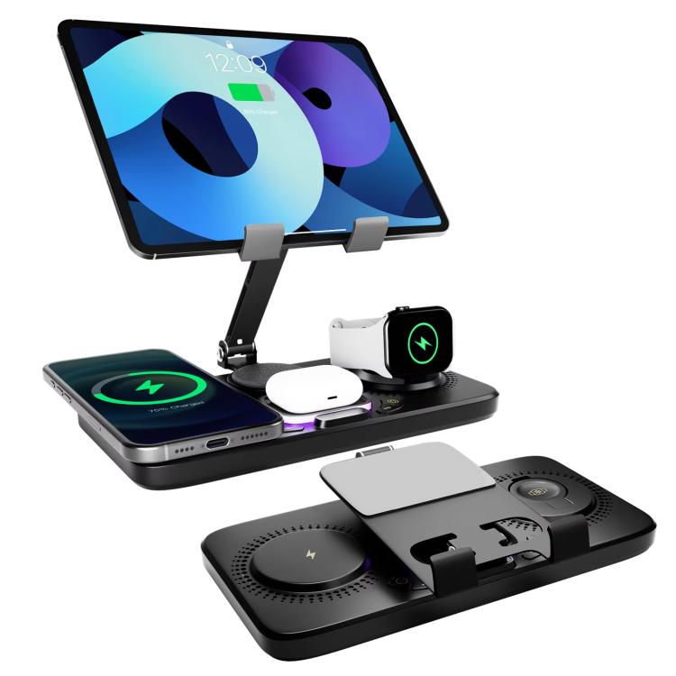 محطة شحن لاسلكي سريعة 4 في 1 للهاتف، الجهاز اللوحي، ساعة آبل، AirPods مع حامل قابل للطي، عرض الساعة وتأثير ضوء بارد