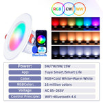 مصباح سقف مدمج متوافق مع Tuya واي فاي وبلوتوث RGB+CW+WW قابل للتعتيم LED، 5 واط 2.5 بوصة، 7 واط 3.5 بوصة، 10 واط 4 بوصة