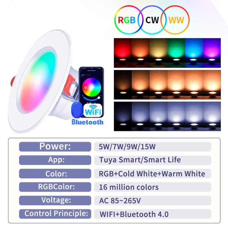 مصباح سقف مدمج متوافق مع Tuya واي فاي وبلوتوث RGB+CW+WW قابل للتعتيم LED، 5 واط 2.5 بوصة، 7 واط 3.5 بوصة، 10 واط 4 بوصة