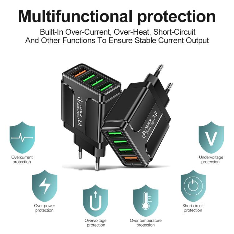 شاحن هاتف محمول 4 منافذ USB شحن سريع 5.1A QC3.0، قابس الاتحاد الأوروبي، قابس الولايات المتحدة، قابس المملكة المتحدة