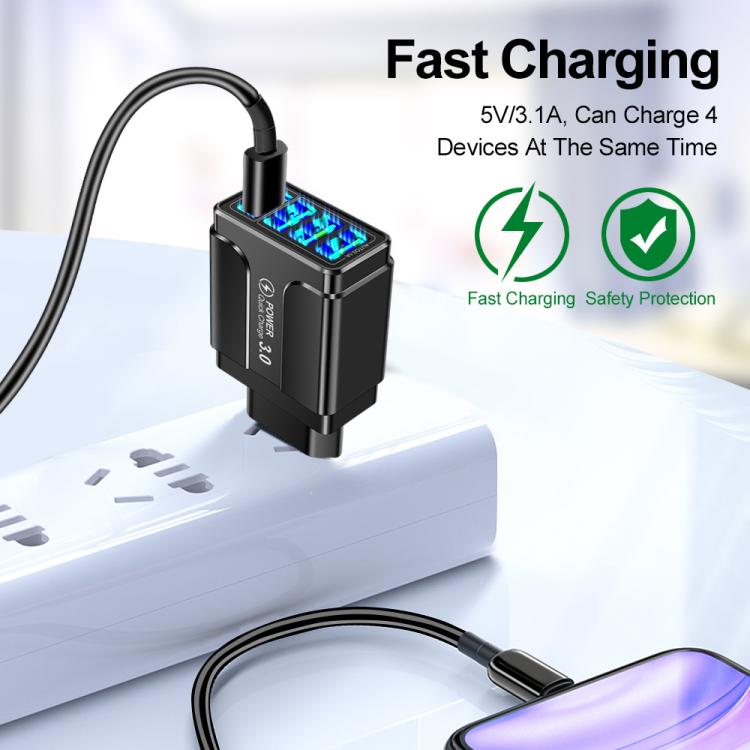 شاحن هاتف محمول 4 منافذ USB شحن سريع 5.1A QC3.0، قابس الاتحاد الأوروبي، قابس الولايات المتحدة، قابس المملكة المتحدة