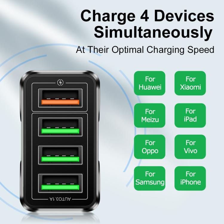 شاحن هاتف محمول 4 منافذ USB شحن سريع 5.1A QC3.0، قابس الاتحاد الأوروبي، قابس الولايات المتحدة، قابس المملكة المتحدة