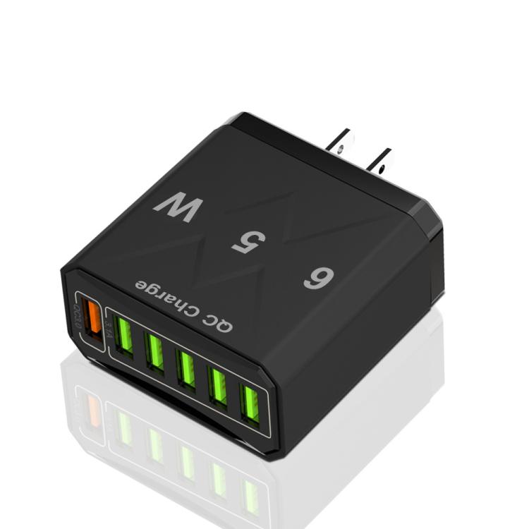 شاحن هاتف محمول 6 منافذ USB 65 واط شحن سريع QC3.0، قابس الاتحاد الأوروبي (أسود)، قابس الاتحاد الأوروبي (أبيض)، قابس الولايات المتحدة (أسود)، قابس الولايات المتحدة (أبيض)، قابس المملكة المتحدة (أسود)، قابس المملكة المتحدة (أبيض)
