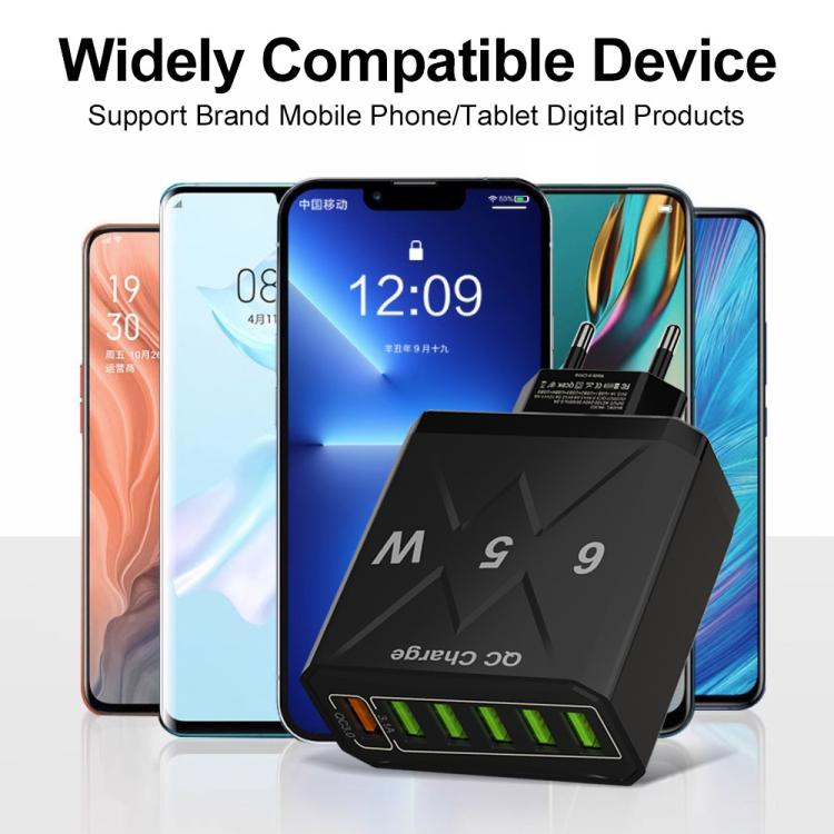 شاحن هاتف محمول 6 منافذ USB 65 واط شحن سريع QC3.0، قابس الاتحاد الأوروبي (أسود)، قابس الاتحاد الأوروبي (أبيض)، قابس الولايات المتحدة (أسود)، قابس الولايات المتحدة (أبيض)، قابس المملكة المتحدة (أسود)، قابس المملكة المتحدة (أبيض)