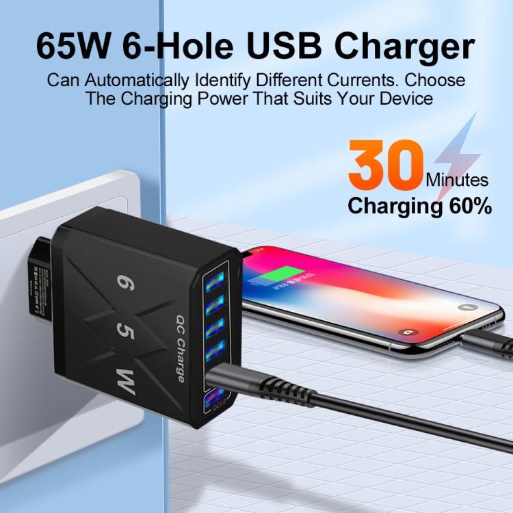 شاحن هاتف محمول 6 منافذ USB 65 واط شحن سريع QC3.0، قابس الاتحاد الأوروبي (أسود)، قابس الاتحاد الأوروبي (أبيض)، قابس الولايات المتحدة (أسود)، قابس الولايات المتحدة (أبيض)، قابس المملكة المتحدة (أسود)، قابس المملكة المتحدة (أبيض)
