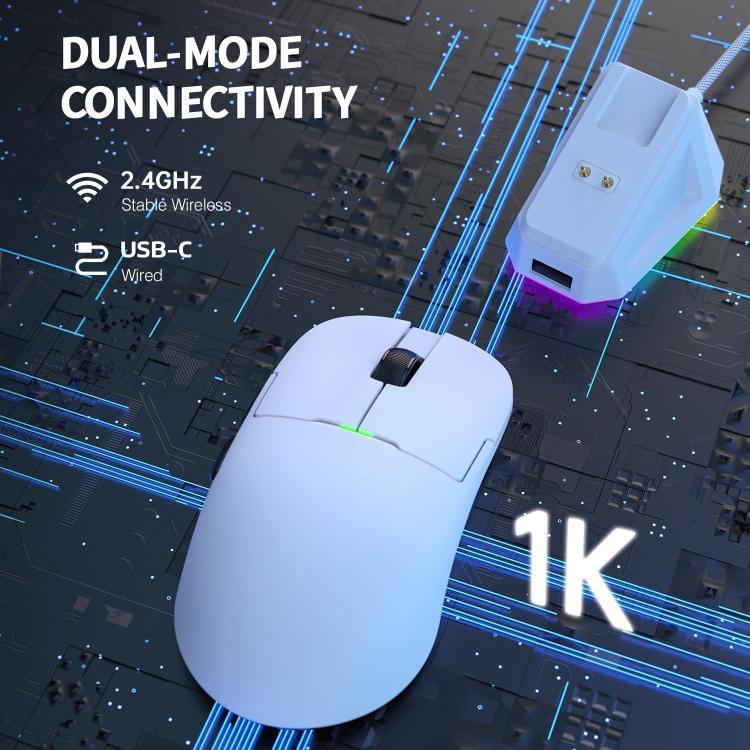 فأرة ألعاب مزدوجة الوضع 2.4G/سلكية بشريحة PAW3395، مع قاعدة شحن باللونين الأسود والأبيض، من Ajazz AJ159P