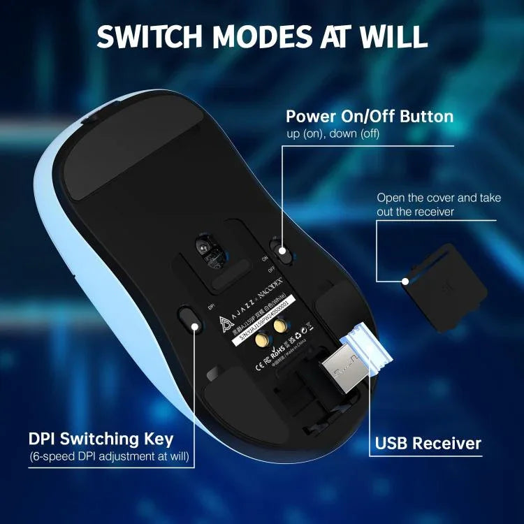 فأرة ألعاب مزدوجة الوضع 2.4G/سلكية بشريحة PAW3395، مع قاعدة شحن باللونين الأسود والأبيض، من Ajazz AJ159P
