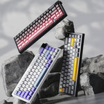 لوحة مفاتيح ميكانيكية لاسلكية ثلاثية الوضع Ajazz AK650 مع مقبض شاشة وإضاءة RGB، مفتاح Flying Fish أرجواني أبيض أزرق، مفتاح Dream أرجواني أبيض أزرق، مفتاح Dream أسود رمادي أصفر، مفتاح Dream محفور جانبي بتدرج لون توت العليق