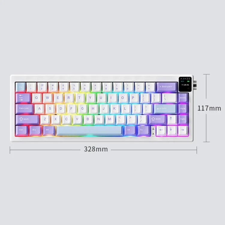 لوحة مفاتيح ميكانيكية لاسلكية ثلاثية الوضع Ajazz AK650 مع مقبض شاشة وإضاءة RGB، مفتاح Flying Fish أرجواني أبيض أزرق، مفتاح Dream أرجواني أبيض أزرق، مفتاح Dream أسود رمادي أصفر، مفتاح Dream محفور جانبي بتدرج لون توت العليق