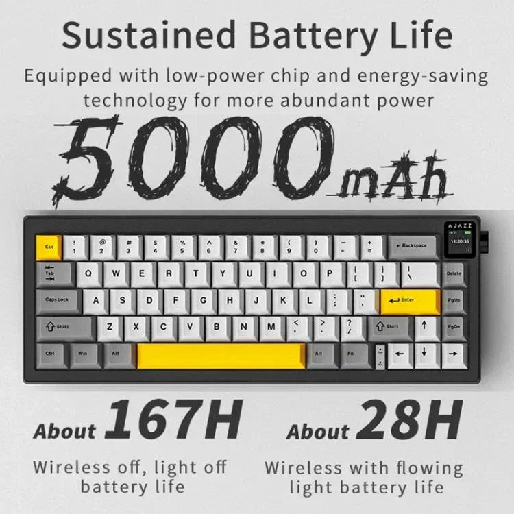 لوحة مفاتيح ميكانيكية لاسلكية ثلاثية الوضع Ajazz AK650 مع مقبض شاشة وإضاءة RGB، مفتاح Flying Fish أرجواني أبيض أزرق، مفتاح Dream أرجواني أبيض أزرق، مفتاح Dream أسود رمادي أصفر، مفتاح Dream محفور جانبي بتدرج لون توت العليق