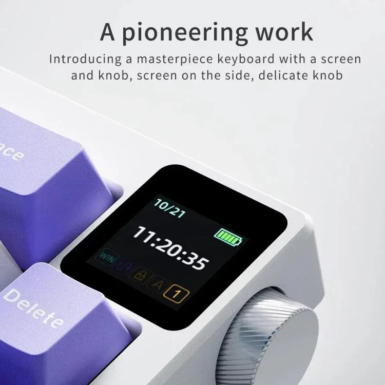لوحة مفاتيح ميكانيكية لاسلكية ثلاثية الوضع Ajazz AK650 مع مقبض شاشة وإضاءة RGB، مفتاح Flying Fish أرجواني أبيض أزرق، مفتاح Dream أرجواني أبيض أزرق، مفتاح Dream أسود رمادي أصفر، مفتاح Dream محفور جانبي بتدرج لون توت العليق