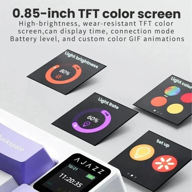لوحة مفاتيح ميكانيكية لاسلكية ثلاثية الوضع Ajazz AK650 مع مقبض شاشة وإضاءة RGB، مفتاح Flying Fish أرجواني أبيض أزرق، مفتاح Dream أرجواني أبيض أزرق، مفتاح Dream أسود رمادي أصفر، مفتاح Dream محفور جانبي بتدرج لون توت العليق
