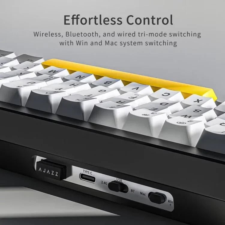 لوحة مفاتيح ميكانيكية لاسلكية ثلاثية الوضع Ajazz AK650 مع مقبض شاشة وإضاءة RGB، مفتاح Flying Fish أرجواني أبيض أزرق، مفتاح Dream أرجواني أبيض أزرق، مفتاح Dream أسود رمادي أصفر، مفتاح Dream محفور جانبي بتدرج لون توت العليق
