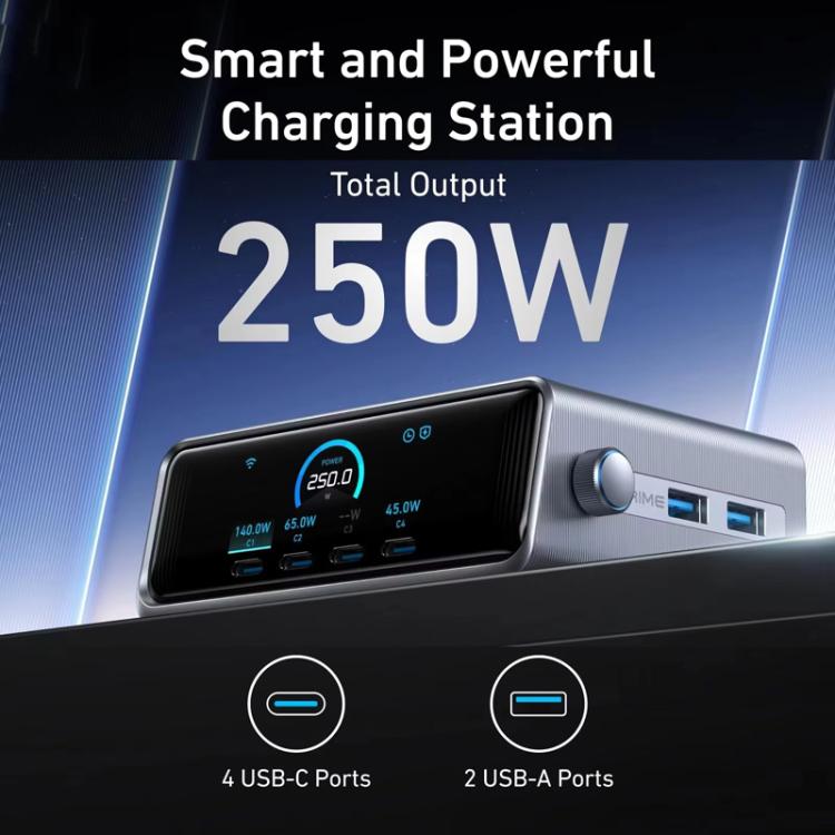 شاحن سريع أنكر برايم 250 واط جاليوم نيتريد 4 Type-C + 2 USB 6 منافذ محطة شحن ذكية مكتبية، قابس الولايات المتحدة، A2345