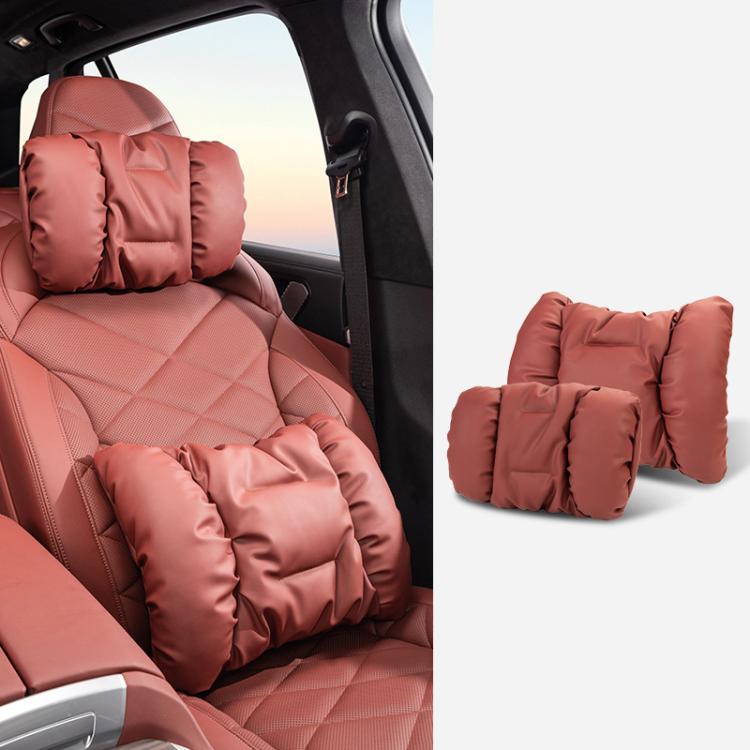 Car Stain-Resistant Leather Headrest Car Neck Pillow Lumbar Cushion Set, Headrest Black, Headrest Brown, Headrest Red, Backrest Black, Backrest Brown, Backrest Red, Headrest+Backrest Black, Headrest+Backrest Brwon, Headrest+Backrest Red
