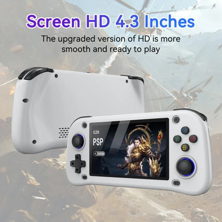 جهاز ألعاب محمول محمول G28 مفتوح المصدر بشاشة IPS HD مقاس 4.3 بوصة، معالج ARM رباعي النواة Cortex-A7 بسرعة 1.3 جيجاهرتز، 64 جيجابايت