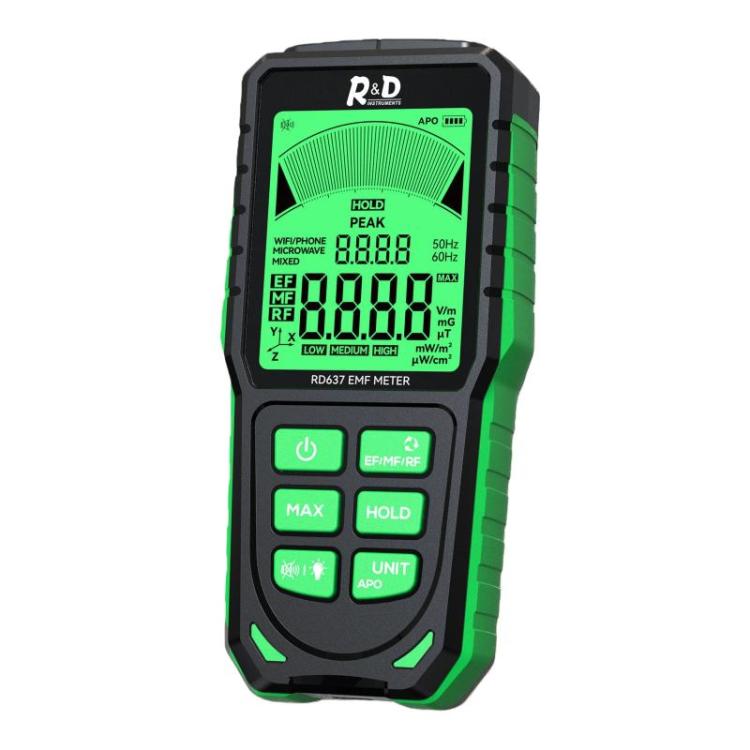 جهاز اختبار الإشعاع الكهرومغناطيسي القابل لإعادة الشحن مع عرض رقمي وإنذار 3 في 1 من R&D INSTRUMENTS RD637، RD637