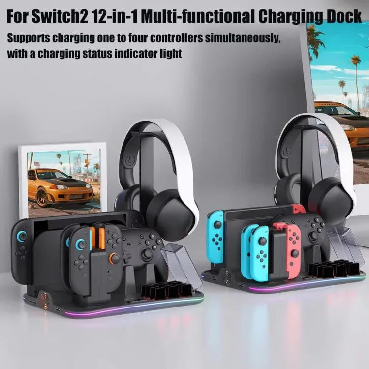 قاعدة شحن متعددة الوظائف 12 في 1 من ipega لجهاز Nintendo Switch 2 / شحن Switch Joy-Con، قاعدة تحكم Pro، مروحة تبريد، منظم تخزين الألعاب وسماعات الرأس، 12 في 1
