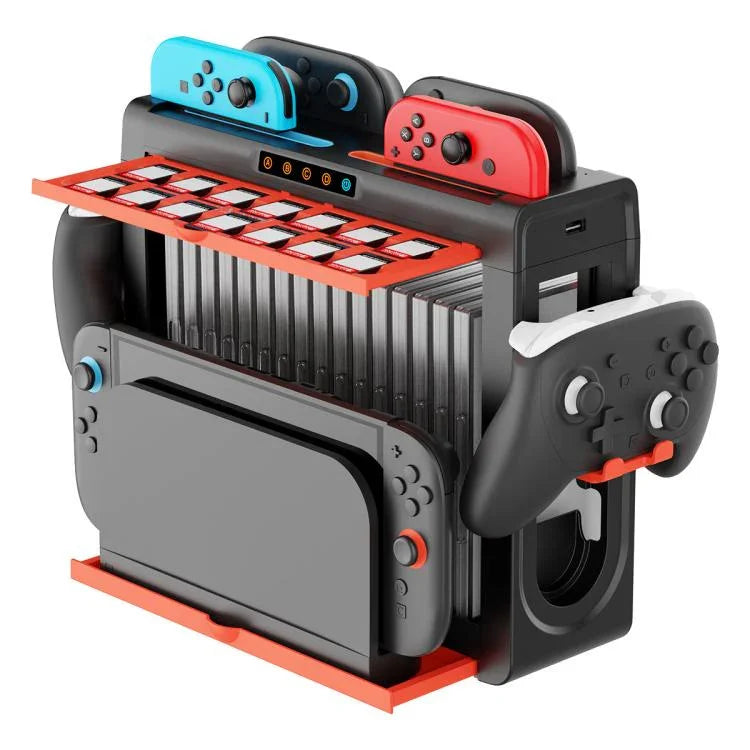 قاعدة شحن متعددة الوظائف 6 في 1 وحامل تخزين من ipega لجهاز Nintendo Switch 2 / شحن Switch Joy-Con مع 14 فتحة لألعاب الكروت وعلبة ألعاب 16 شبكة، 6 في 1