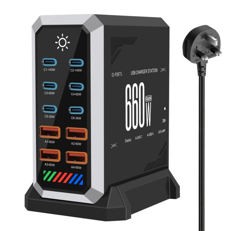شاحن مكتبي متعدد المنافذ 6 في 1 بقوة 660 واط مع 6 منافذ Type-C + 4 USB، شاحن غاليوم نيتريد، قابس أمريكي، بريطاني، أوروبي، أسترالي