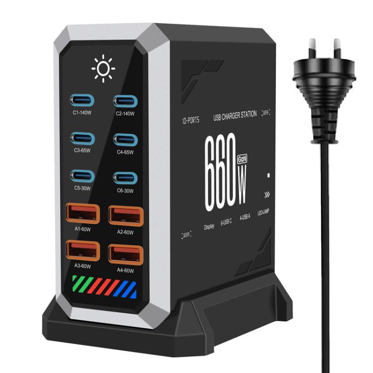 شاحن مكتبي متعدد المنافذ 6 في 1 بقوة 660 واط مع 6 منافذ Type-C + 4 USB، شاحن غاليوم نيتريد، قابس أمريكي، بريطاني، أوروبي، أسترالي