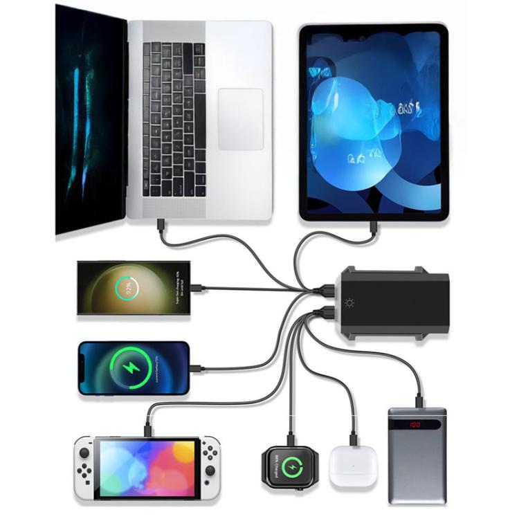 شاحن مكتبي متعدد المنافذ 6 في 1 بقوة 660 واط مع 6 منافذ Type-C + 4 USB، شاحن غاليوم نيتريد، قابس أمريكي، بريطاني، أوروبي، أسترالي