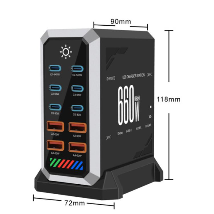 شاحن مكتبي متعدد المنافذ 6 في 1 بقوة 660 واط مع 6 منافذ Type-C + 4 USB، شاحن غاليوم نيتريد، قابس أمريكي، بريطاني، أوروبي، أسترالي