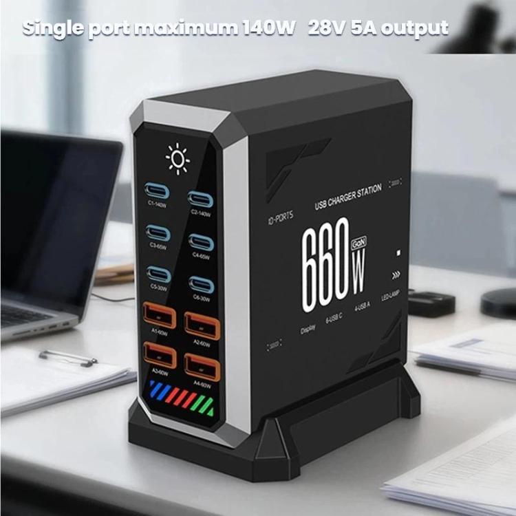 شاحن مكتبي متعدد المنافذ 6 في 1 بقوة 660 واط مع 6 منافذ Type-C + 4 USB، شاحن غاليوم نيتريد، قابس أمريكي، بريطاني، أوروبي، أسترالي