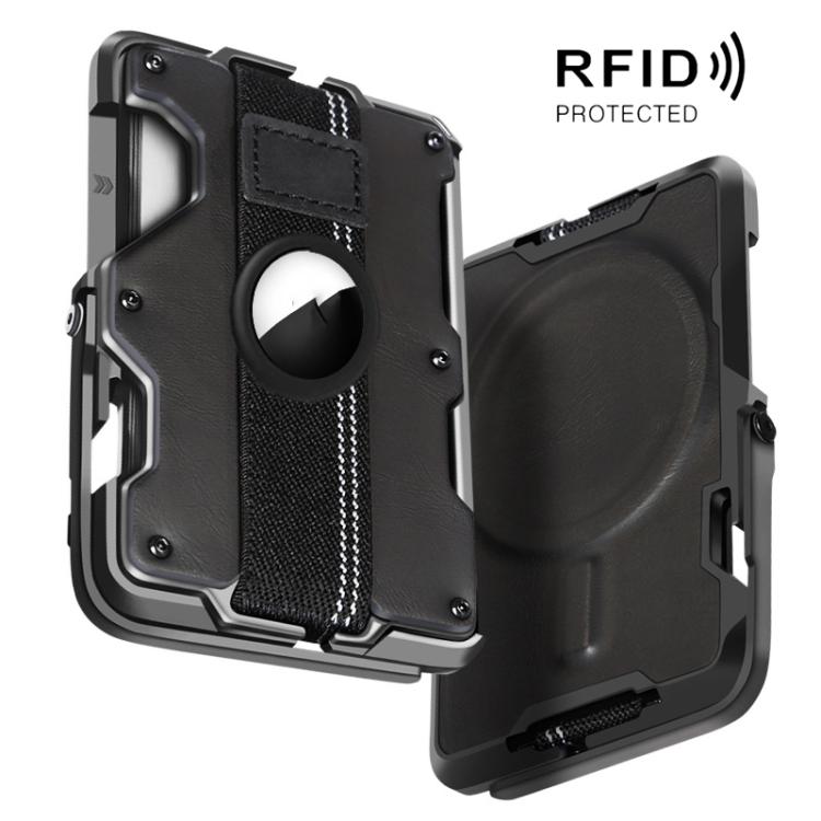 حامل بطاقة معدني مغناطيسي لجيل AirTag الثاني / جيل AirTag الأول مع حامل هاتف، حجب RFID، حزام معصم مطاطي