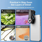ميكروسكوب هاتف APEXEL TriScope 40X-80X-120X مع إضاءة LED مزدوجة الحرارة وأشعة فوق بنفسجية، APL-MS3L