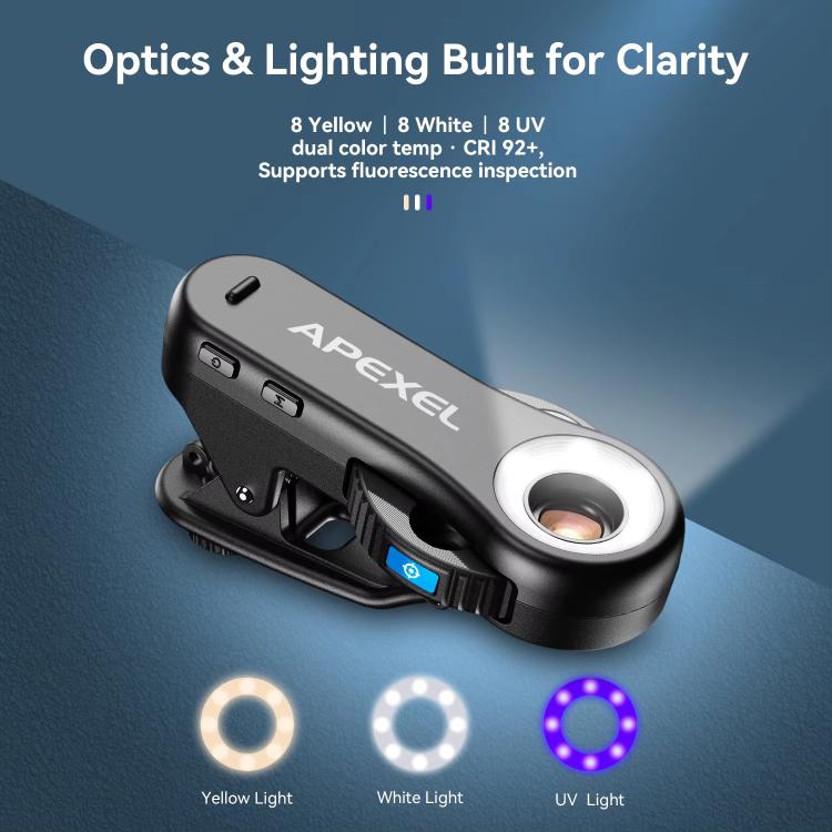 ميكروسكوب هاتف APEXEL TriScope 40X-80X-120X مع إضاءة LED مزدوجة الحرارة وأشعة فوق بنفسجية، APL-MS3L