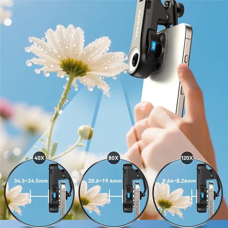 ميكروسكوب هاتف APEXEL TriScope 40X-80X-120X مع إضاءة LED مزدوجة الحرارة وأشعة فوق بنفسجية، APL-MS3L