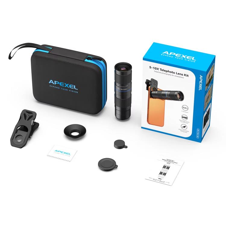مجموعة عدسات تليفوتوغرافية APEXEL TeleZoom 5–10X لهواتف ذكية مع مشبك عالمي شامل، APL-T5-10X