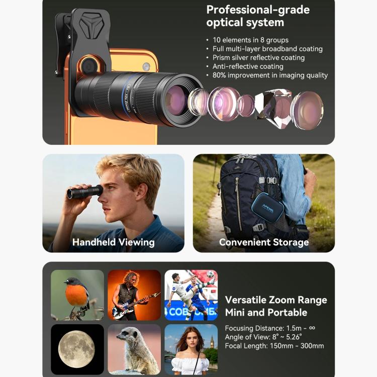 مجموعة عدسات تليفوتوغرافية APEXEL TeleZoom 5–10X لهواتف ذكية مع مشبك عالمي شامل، APL-T5-10X