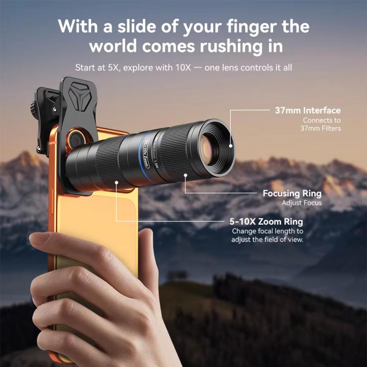 مجموعة عدسات تليفوتوغرافية APEXEL TeleZoom 5–10X لهواتف ذكية مع مشبك عالمي شامل، APL-T5-10X