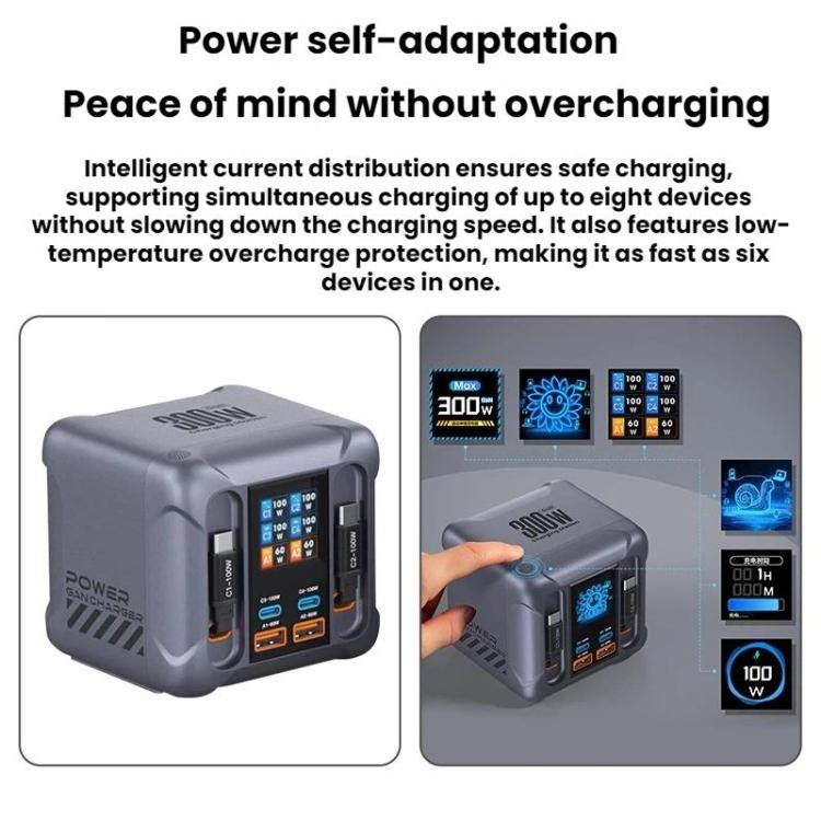 شاحن متعدد المنافذ بقوة 300W مع مقبس USB وكابل مدمج، قابس الاتحاد الأوروبي، قابس الولايات المتحدة، قابس المملكة المتحدة، قابس أستراليا، قابس كوريا