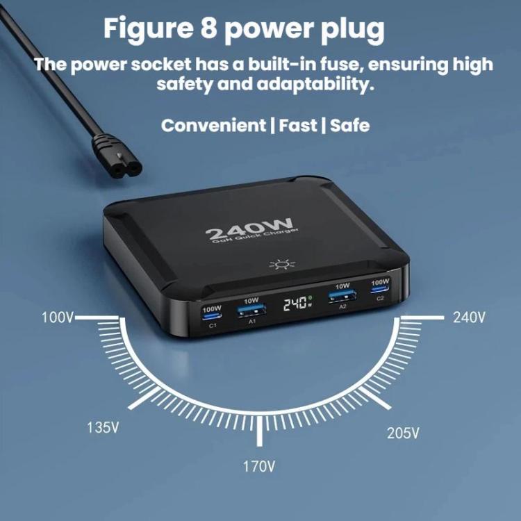 شاحن ذكي سريع بقوة 240W مع كابل USB مغناطيسي قابل للسحب وتخزين متعدد المنافذ، قابس الاتحاد الأوروبي، قابس الولايات المتحدة، قابس المملكة المتحدة، قابس أستراليا، قابس كوريا