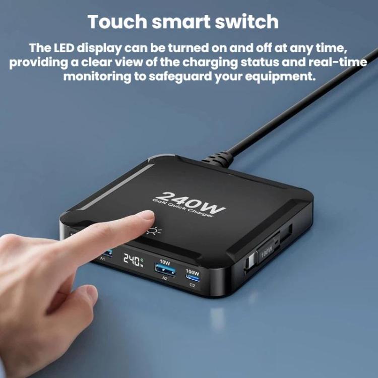 شاحن ذكي سريع بقوة 240W مع كابل USB مغناطيسي قابل للسحب وتخزين متعدد المنافذ، قابس الاتحاد الأوروبي، قابس الولايات المتحدة، قابس المملكة المتحدة، قابس أستراليا، قابس كوريا