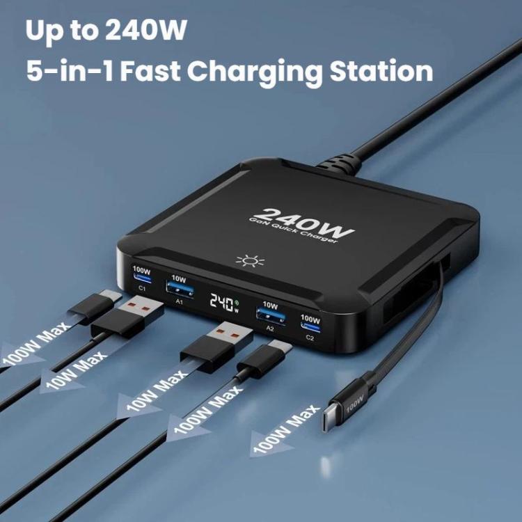 شاحن ذكي سريع بقوة 240W مع كابل USB مغناطيسي قابل للسحب وتخزين متعدد المنافذ، قابس الاتحاد الأوروبي، قابس الولايات المتحدة، قابس المملكة المتحدة، قابس أستراليا، قابس كوريا