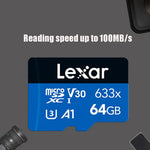بطاقة ذاكرة هاتف محمول مخصصة لتسجيل القيادة Lexar 633x TF عالية السرعة بسعة 64GB DVR، 64GB
