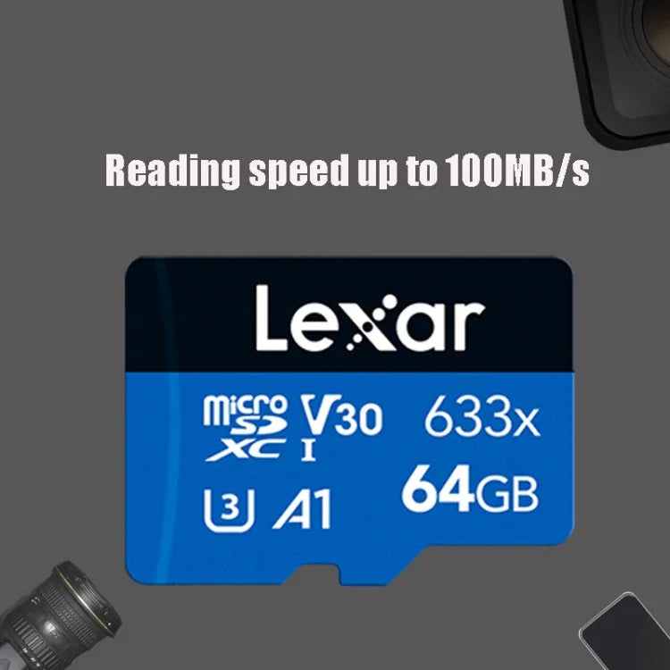 بطاقة ذاكرة هاتف محمول مخصصة لتسجيل القيادة Lexar 633x TF عالية السرعة بسعة 64GB DVR، 64GB