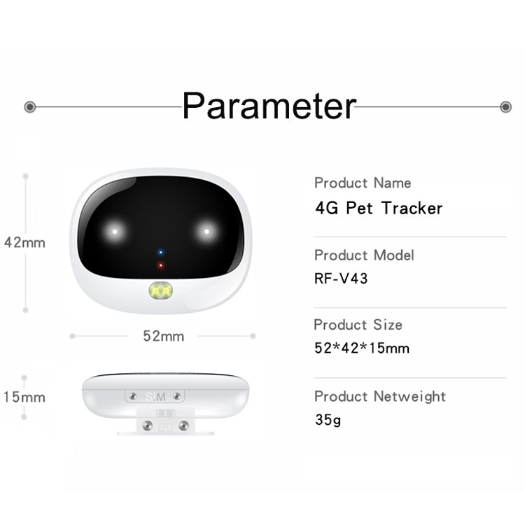 جهاز تعقب طوق الحيوانات الأليفة RF-V43 A بنمط مقاوم للماء IP67 مع GPS + LBS + واي فاي لأوروبا/آسيا/أفريقيا/أستراليا، RF-V43 A بنمط (أبيض)، RF-V43 A بنمط (أسود)